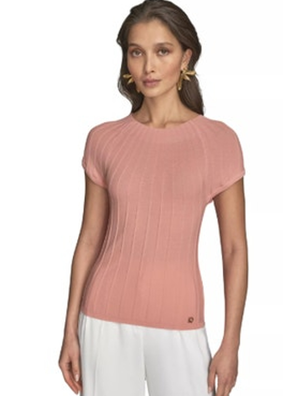 Donna Karan New York Women's Cap Sleeve Mock Neck Sweater in Apricot Orange